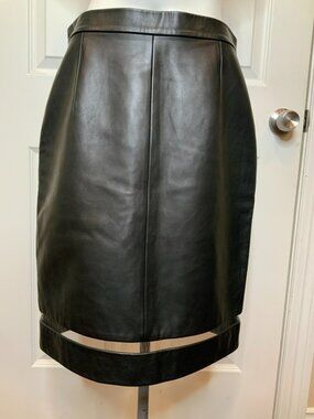 Alexander Wang Black 100% Lambskin Straight Skirt W/ Sheer Cut-Out Hem, Size 8